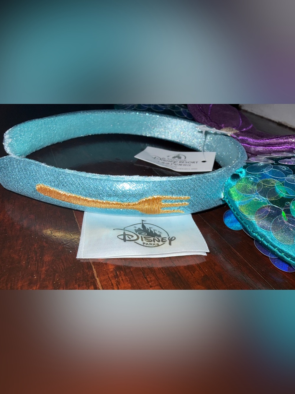 Sequin Mermaid Ear Headband with Purple Bow and Aqua Accents - Picture 4 of 4